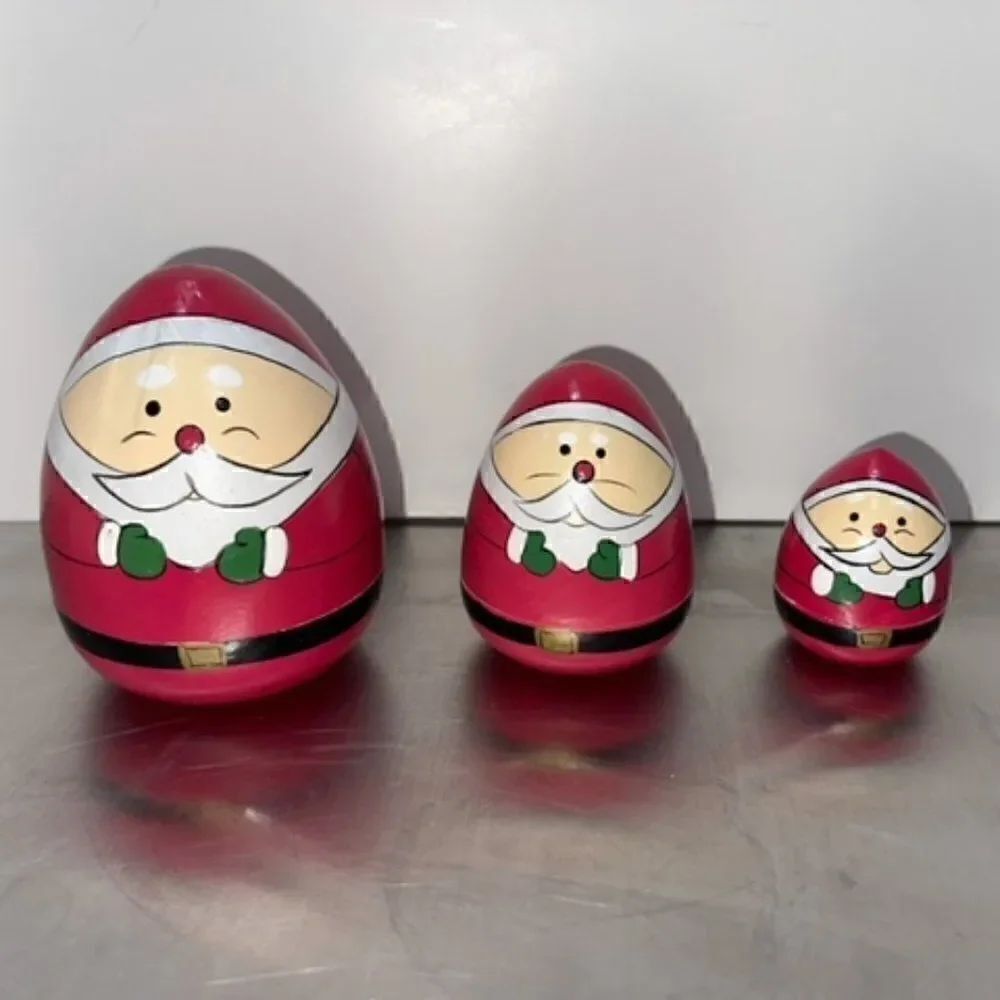 Wooden Santa Nesting Doll 3 Hand painted 3.5" Trinket Box Very Good condition =